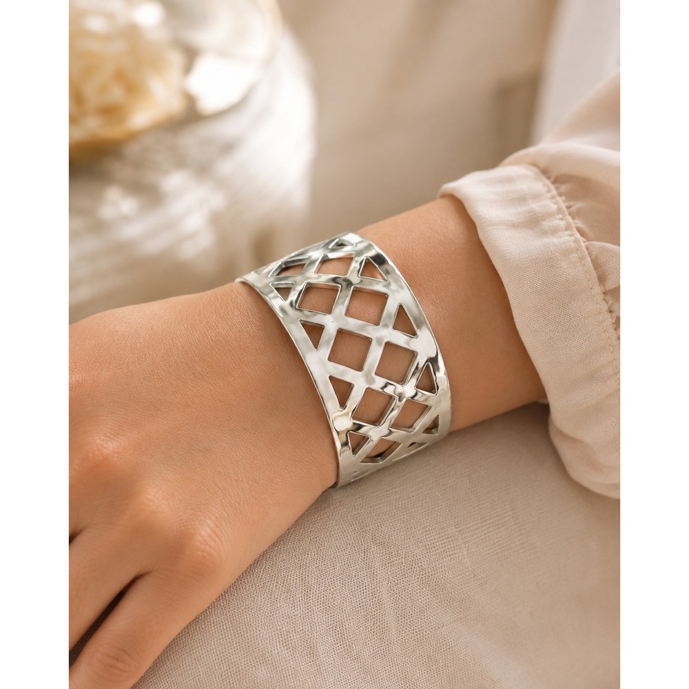 Rustic Cuff Silver Lattice Cutout Wide Cuff Bracelet Geometric Openwork
